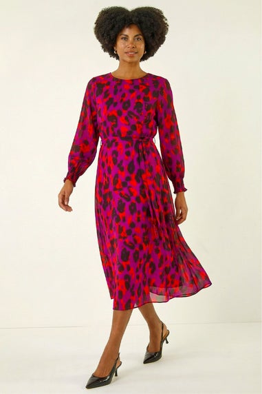 Roman Magenta Animal Print Shirred Midi Dress