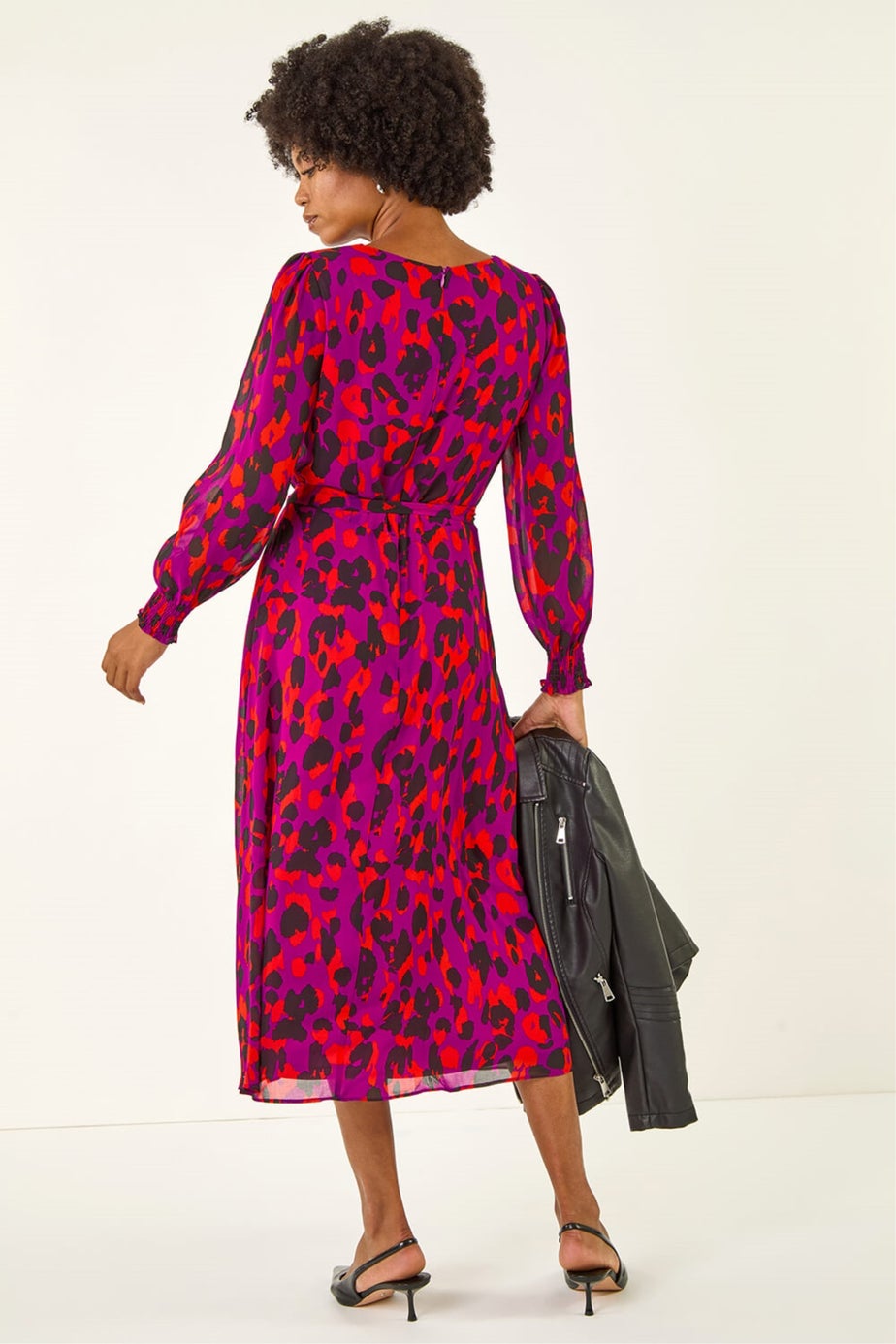 Roman Magenta Animal Print Shirred Midi Dress