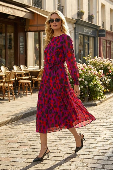 Roman Magenta Animal Print Shirred Midi Dress