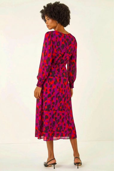 Roman Magenta Animal Print Shirred Midi Dress