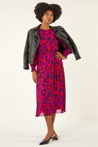 Roman Magenta Animal Print Shirred Midi Dress