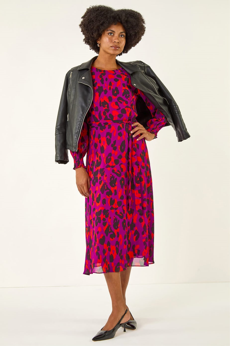 Roman Magenta Animal Print Shirred Midi Dress