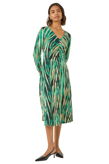 Roman Green Abstract Print Ruched Midi Stretch Dress