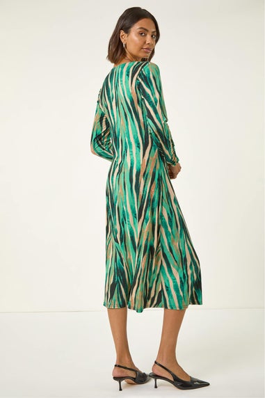 Roman Green Abstract Print Ruched Midi Stretch Dress