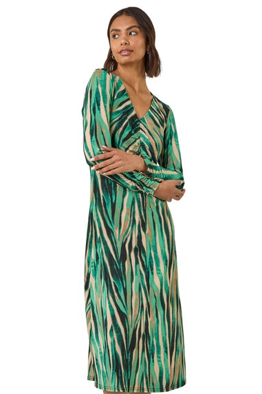 Roman Green Abstract Print Ruched Midi Stretch Dress