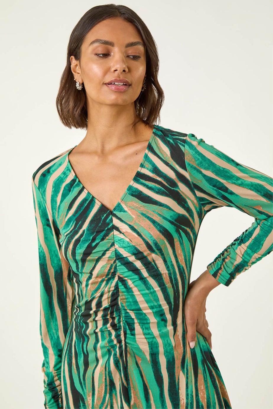 Roman Green Abstract Print Ruched Midi Stretch Dress
