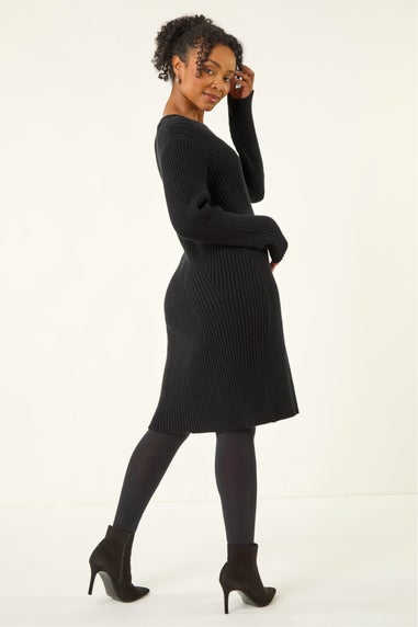 Roman Black Petite Ribbed Knitted Dress