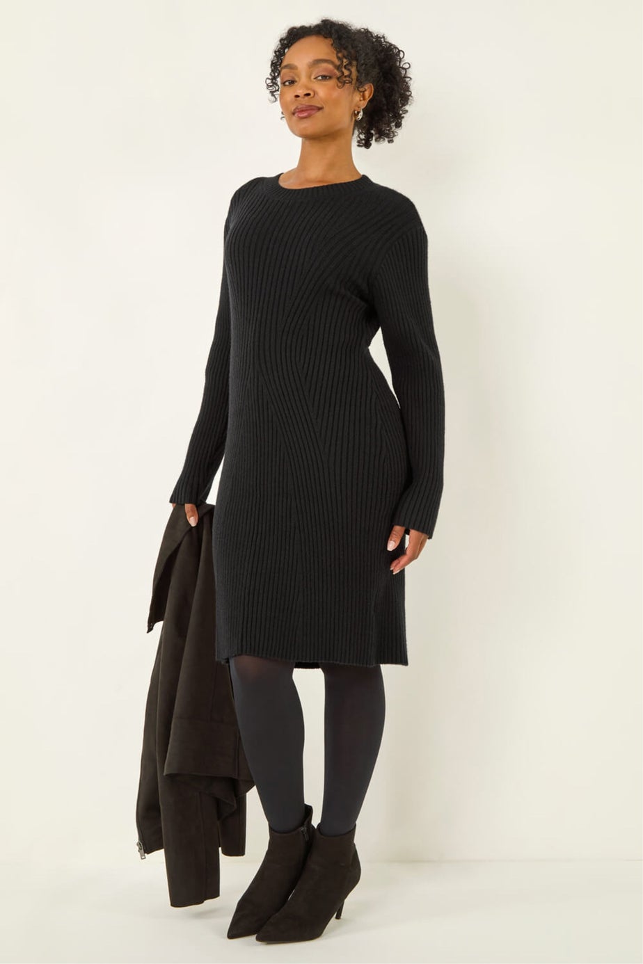 Roman Black Petite Ribbed Knitted Dress