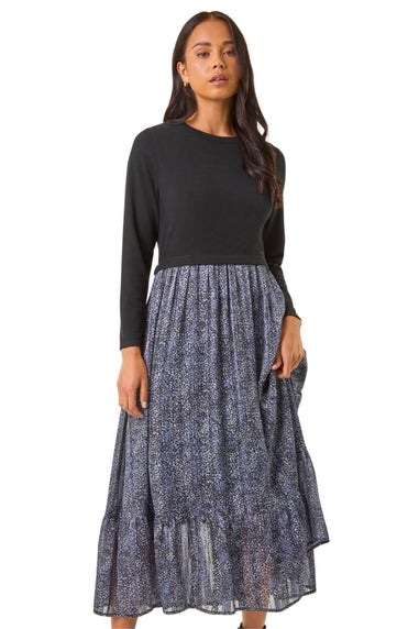 Roman Black Petite Contrast Tiered Midi Dress