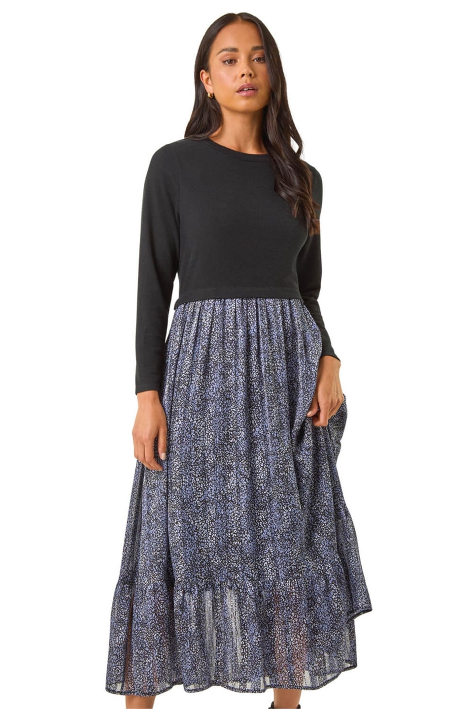 Roman Black Petite Contrast Tiered Midi Dress