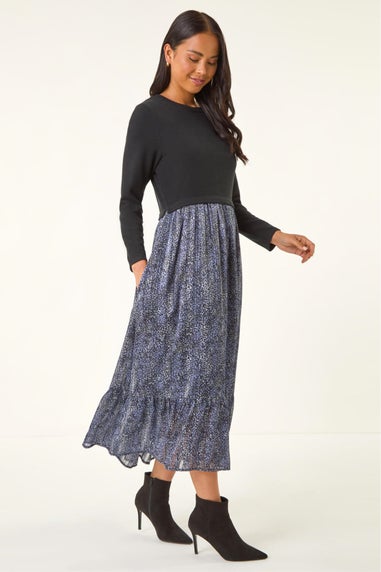 Roman Black Petite Contrast Tiered Midi Dress