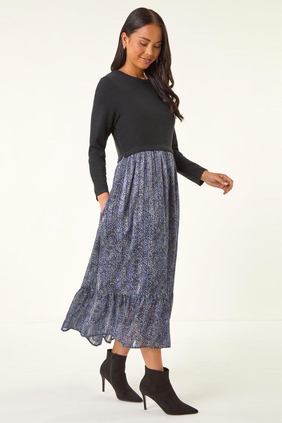 Roman Black Petite Contrast Tiered Midi Dress