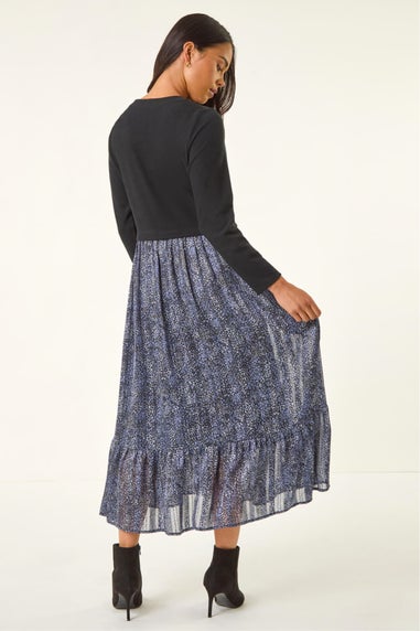 Roman Black Petite Contrast Tiered Midi Dress