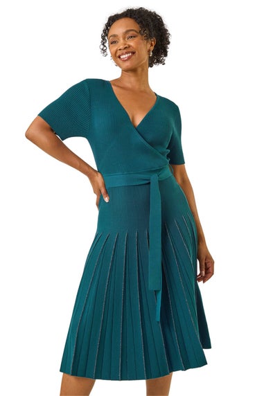 Roman Teal Petite Tie Waist Knitted Dress