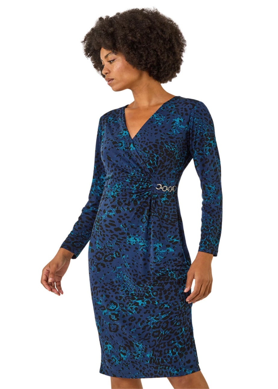 Roman Blue Animal Print Chain Detail Dress