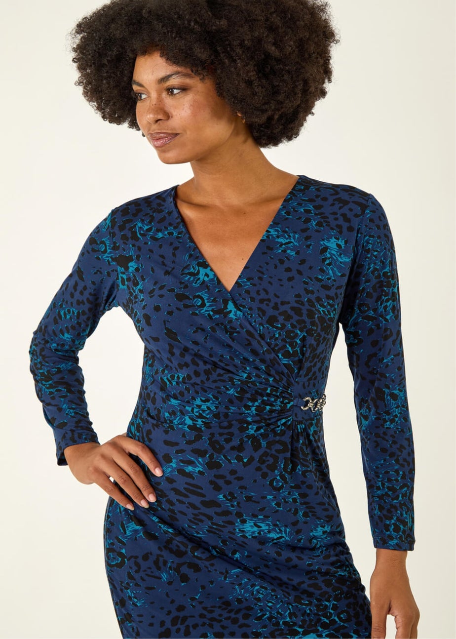Roman Blue Animal Print Chain Detail Dress