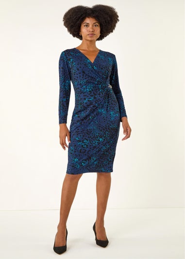 Roman Blue Animal Print Chain Detail Dress