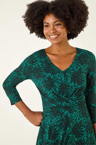 Roman Teal Speckled Print Wrap Bodice Midi Dress