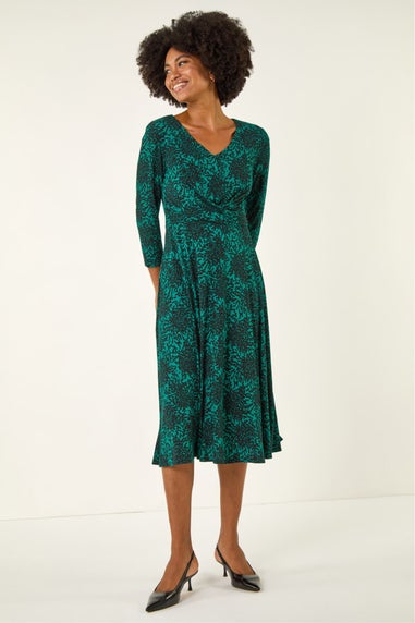Roman Teal Speckled Print Wrap Bodice Midi Dress