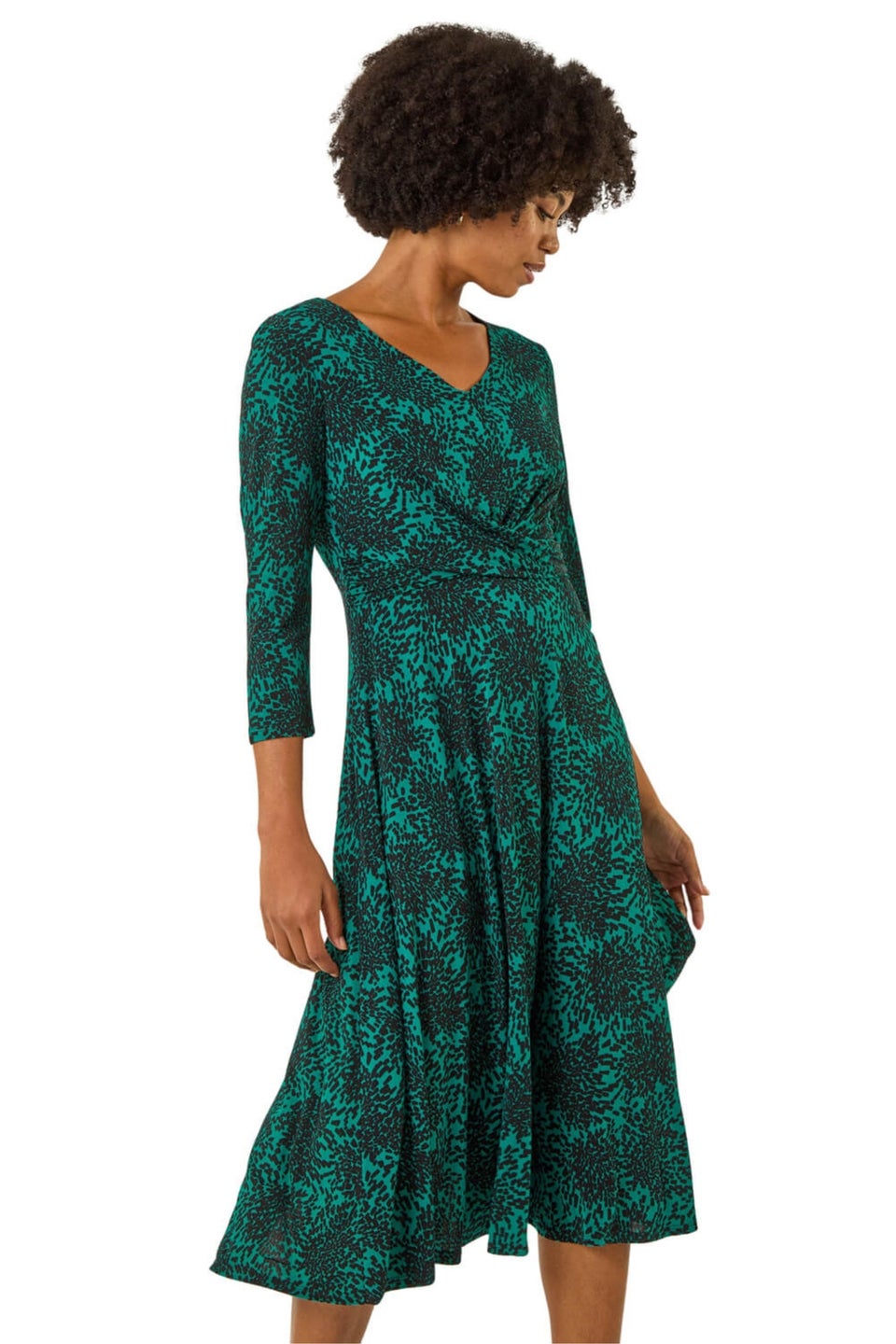 Roman Teal Speckled Print Wrap Bodice Midi Dress