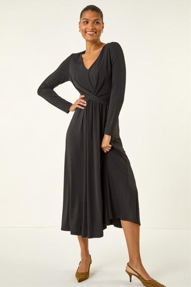 Roman Black Twist Front Stretch Midi Dress