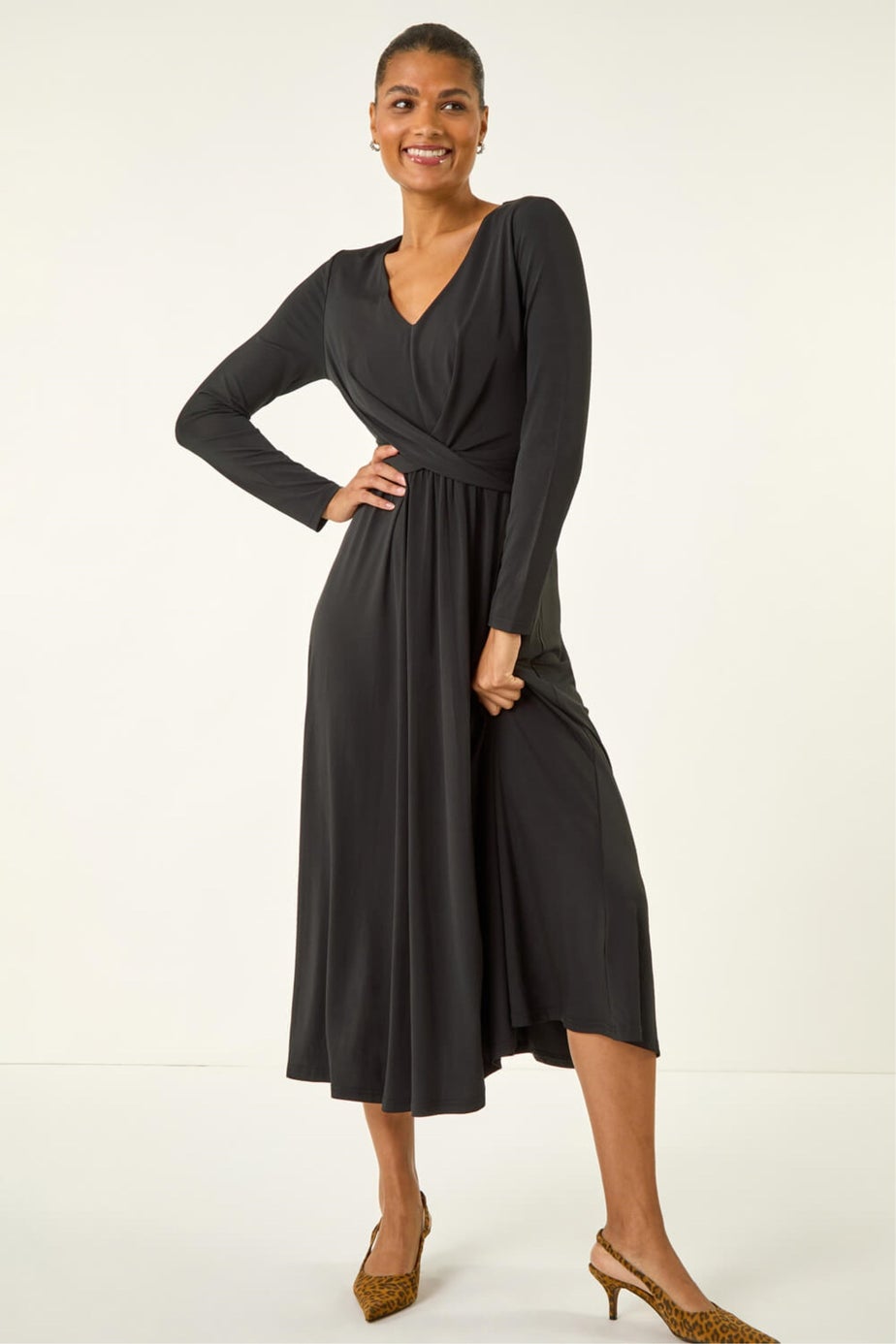 Roman Black Twist Front Stretch Midi Dress