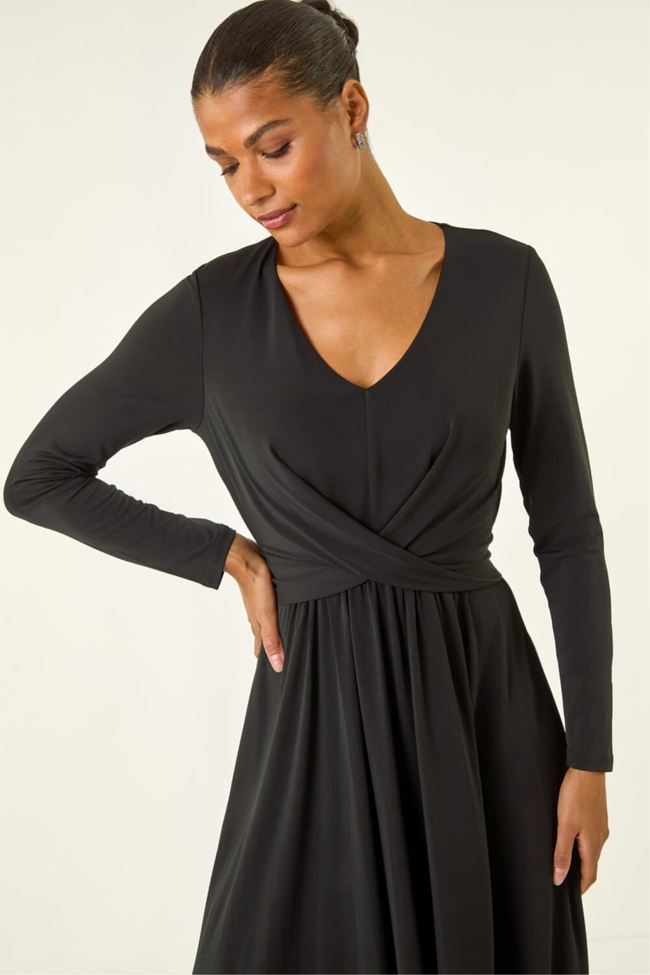 Roman Black Twist Front Stretch Midi Dress