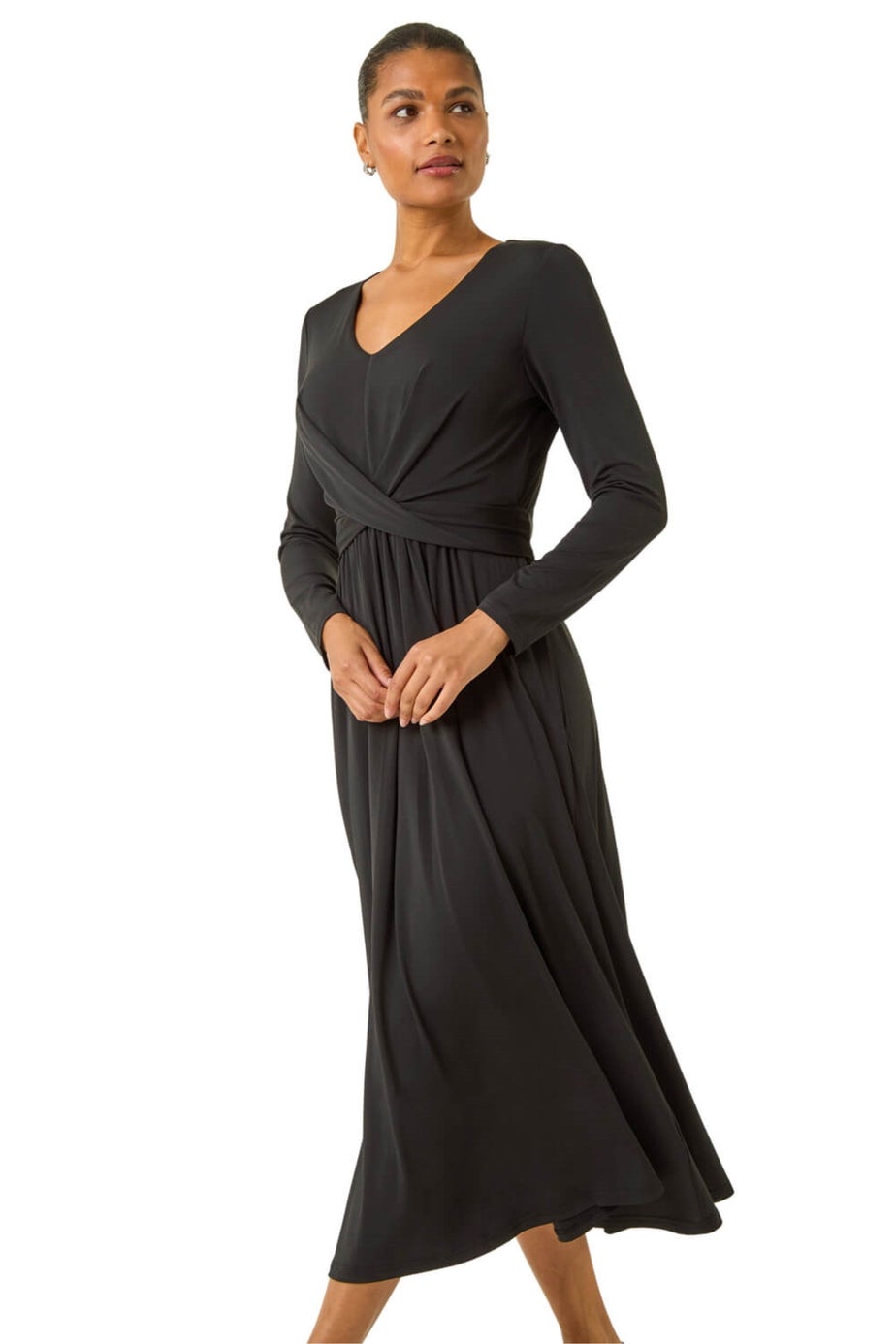 Roman Black Twist Front Stretch Midi Dress
