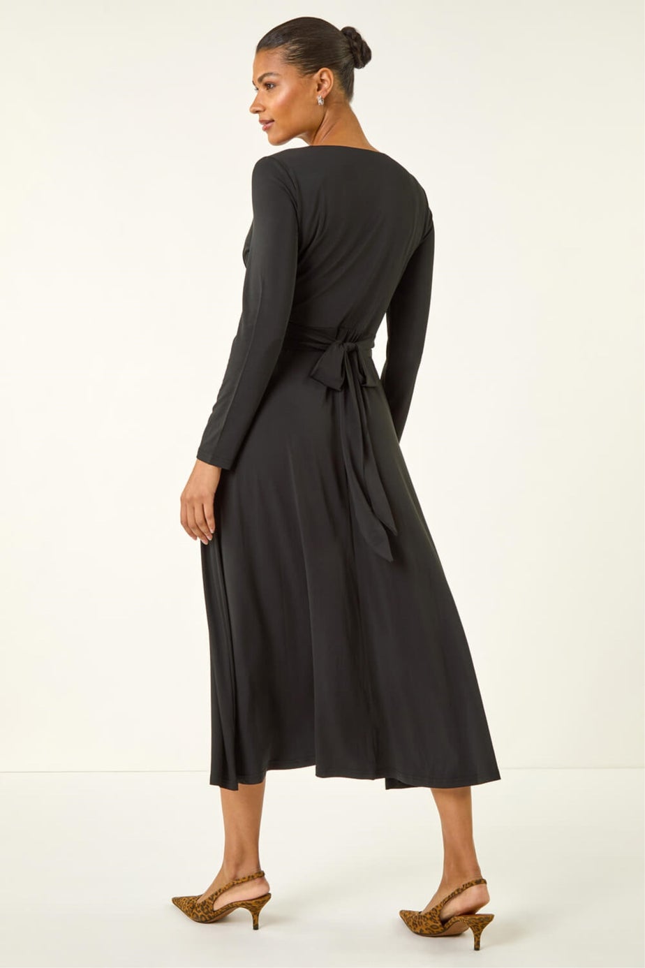 Roman Black Twist Front Stretch Midi Dress
