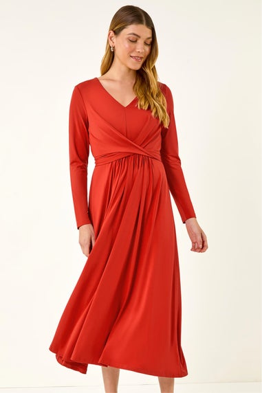 Roman Dark Orange Twist Front Stretch Midi Dress