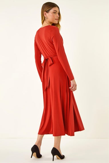 Roman Dark Orange Twist Front Stretch Midi Dress