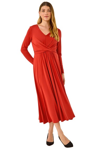Roman Dark Orange Twist Front Stretch Midi Dress