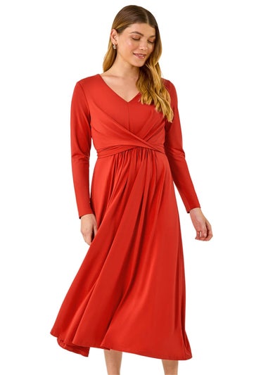 Roman Dark Orange Twist Front Stretch Midi Dress