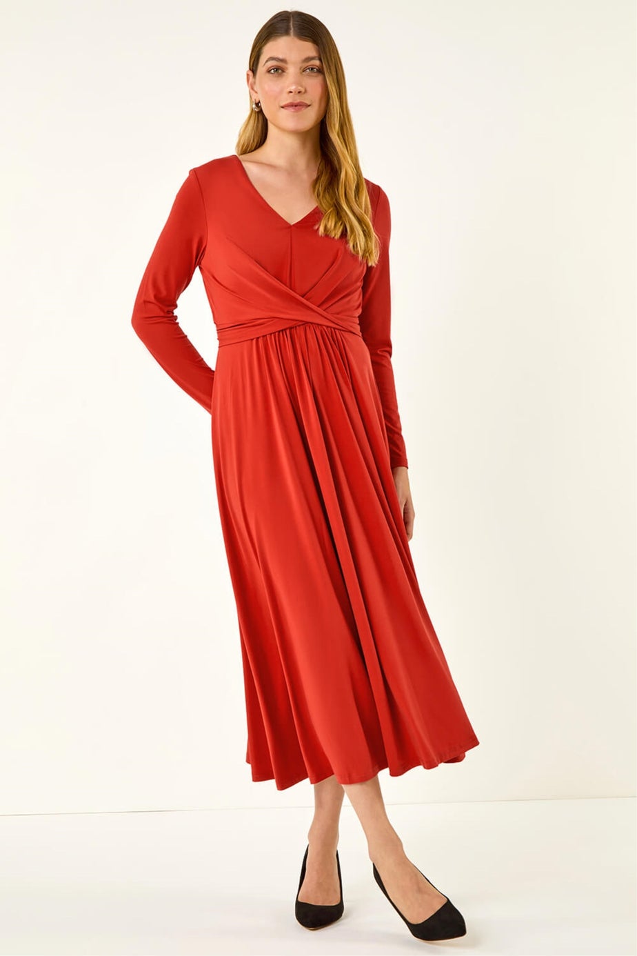 Roman Dark Orange Twist Front Stretch Midi Dress