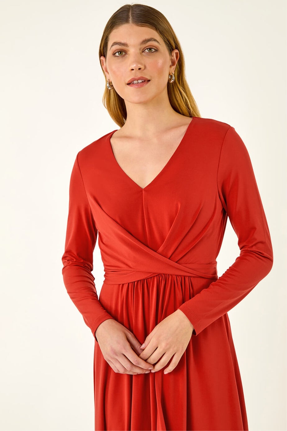 Roman Dark Orange Twist Front Stretch Midi Dress