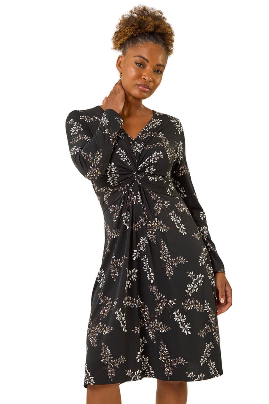 Roman Black Floral Print Twist Front Midi Dress