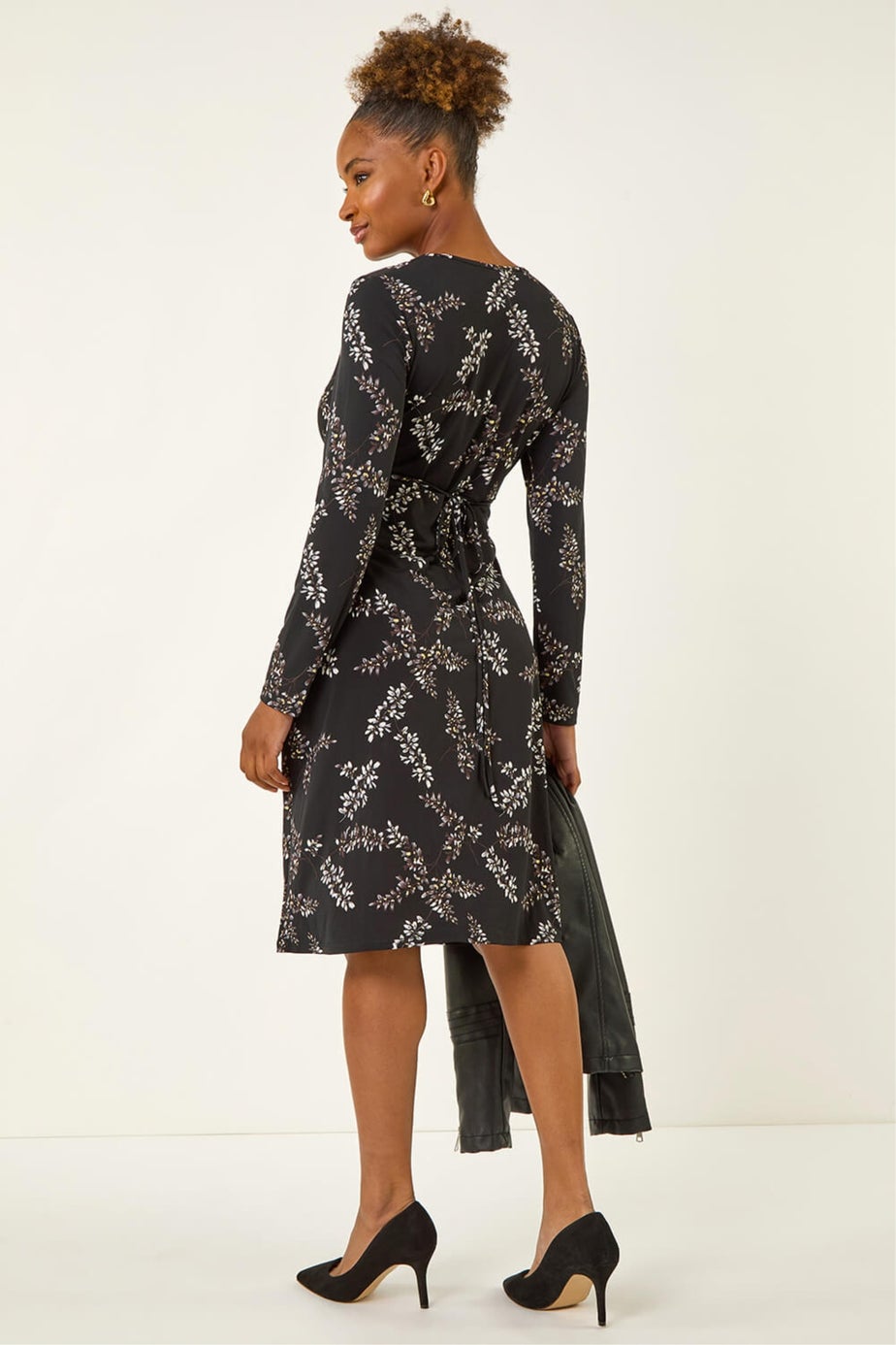 Roman Black Floral Print Twist Front Midi Dress