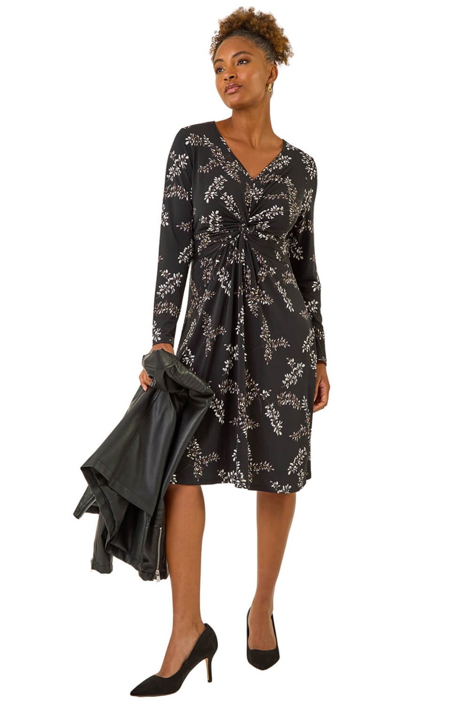 Roman Black Floral Print Twist Front Midi Dress