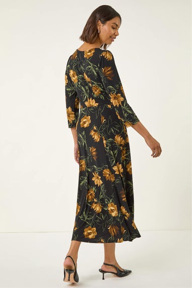 Roman Yellow Floral Print Ruched Stretch Midi Dress