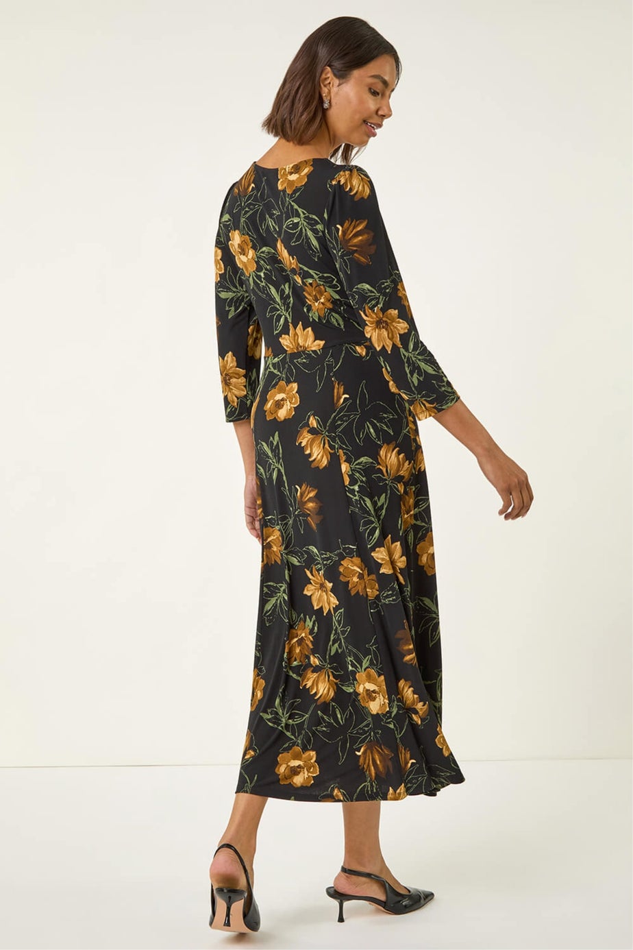 Roman Yellow Floral Print Ruched Stretch Midi Dress