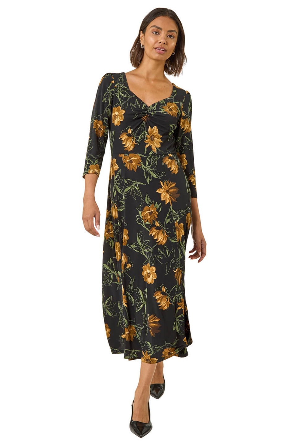 Roman Yellow Floral Print Ruched Stretch Midi Dress