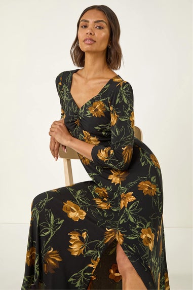 Roman Yellow Floral Print Ruched Stretch Midi Dress