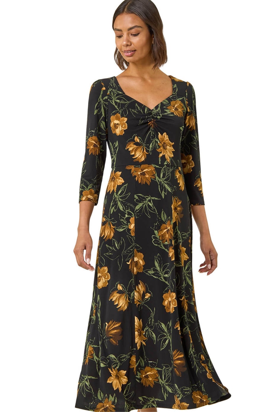 Roman Yellow Floral Print Ruched Stretch Midi Dress