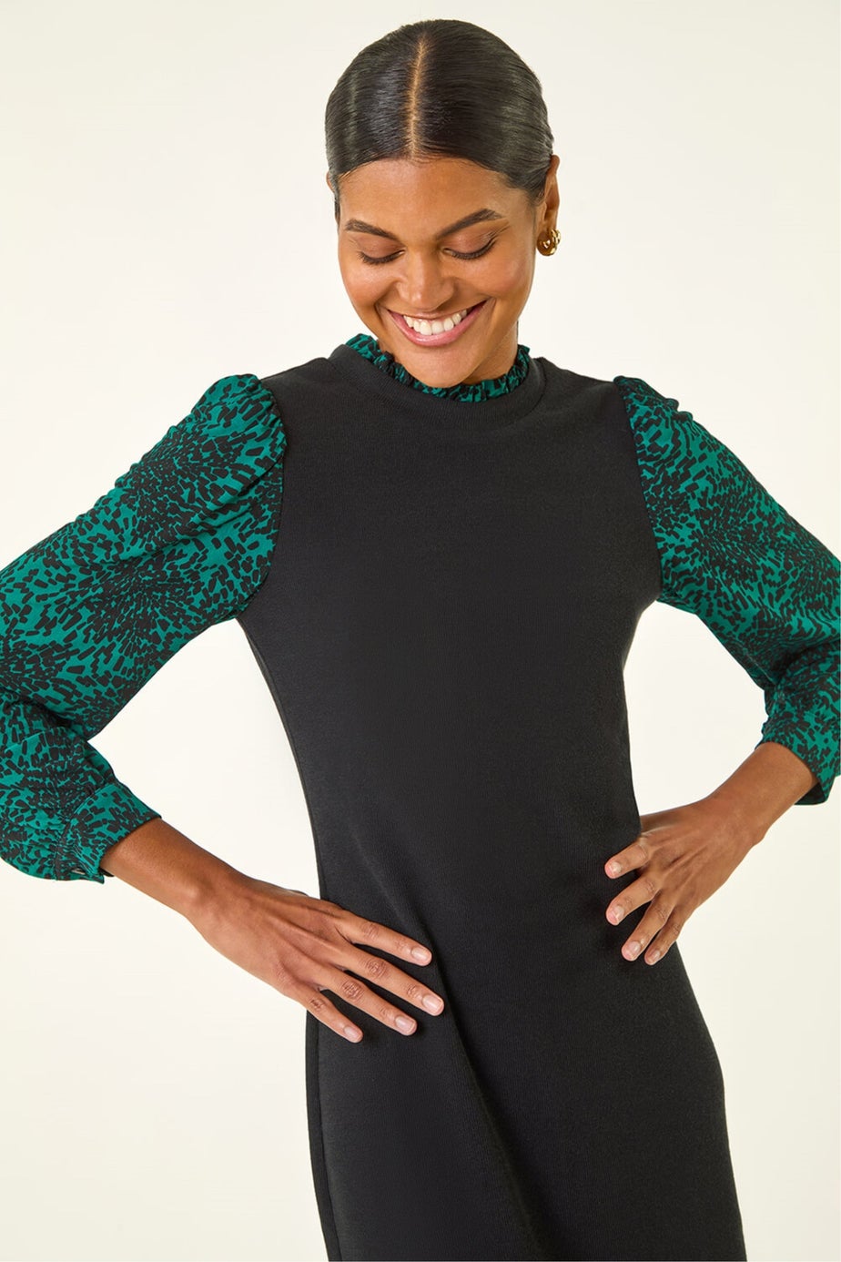 Roman Teal Contrast Print Knitted Dress