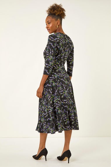 Roman Black Abstract Crossover Stretch Midi Dress