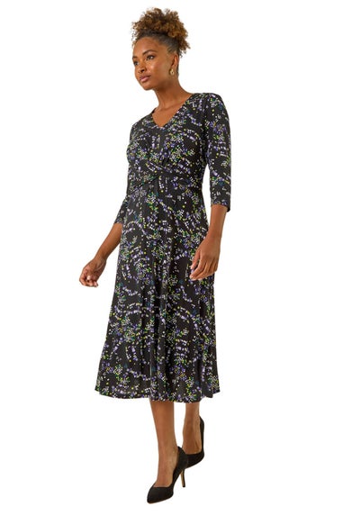 Roman Black Abstract Crossover Stretch Midi Dress