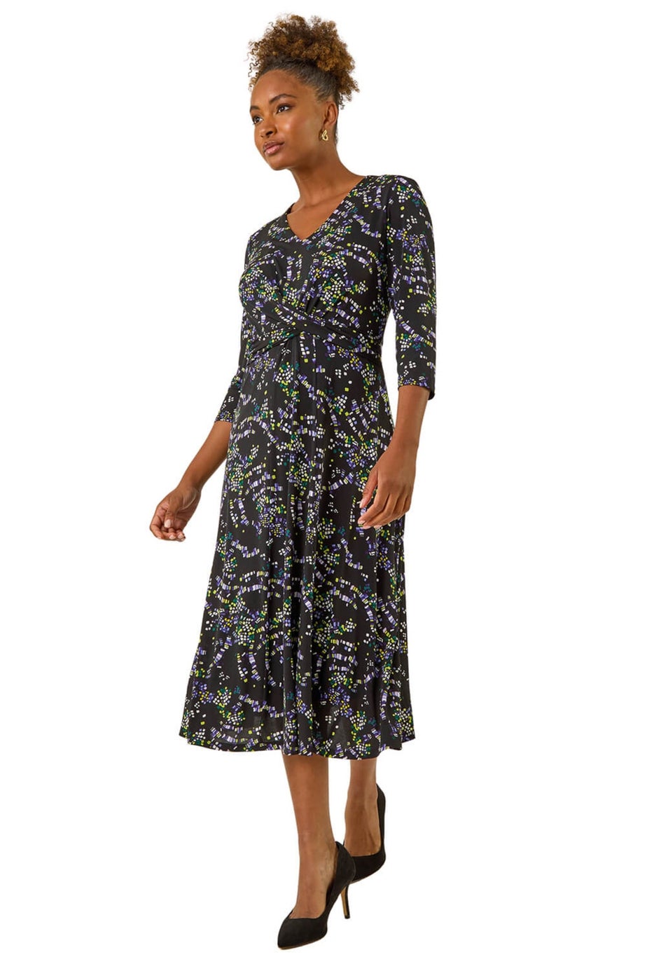 Roman Black Abstract Crossover Stretch Midi Dress