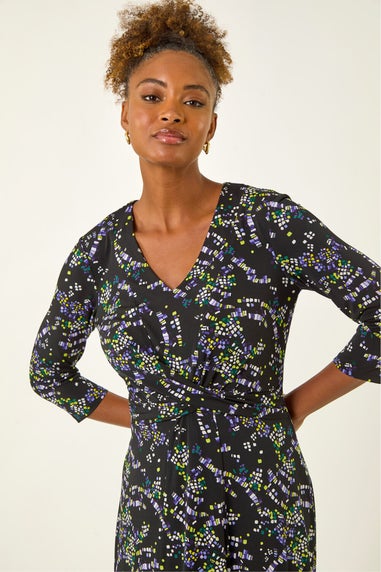 Roman Black Abstract Crossover Stretch Midi Dress