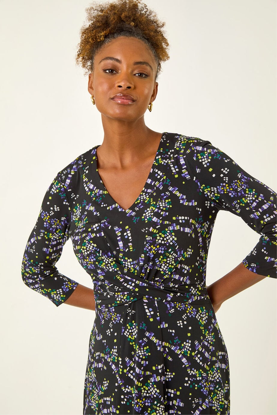 Roman Black Abstract Crossover Stretch Midi Dress