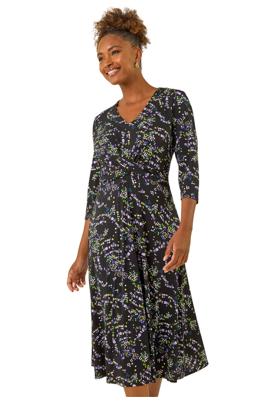 Roman Black Abstract Crossover Stretch Midi Dress